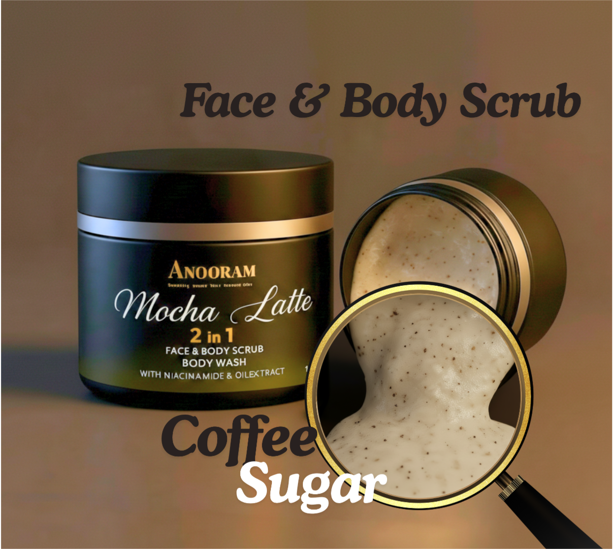 Mocha Latte 2-in-1 Coffee Face & Body Scrub | Exfoliating Wash with Niacinamide & Shea Butter for Smooth, Glowing Skin